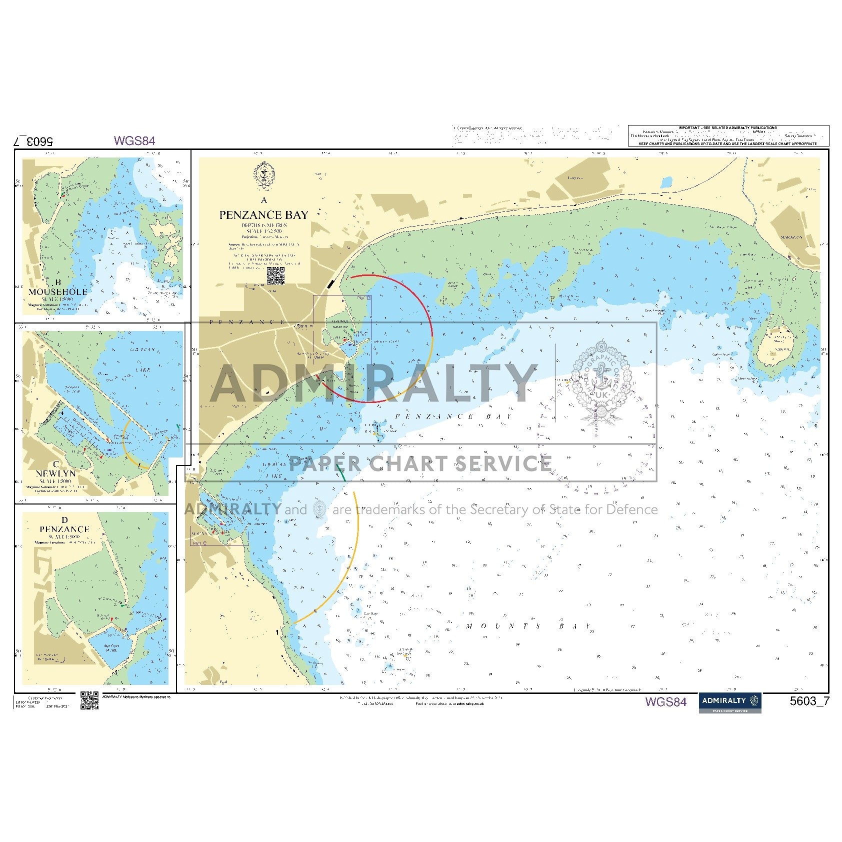 Nautical chart 5603_7 Penzance Bay on the Cornish coast with 4 panels