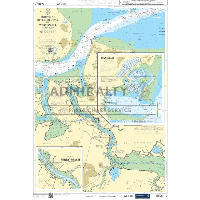 Nautical chart 5606_10 Mouth of River Medway and West Swale in the Thames Estuary with 3 panels
