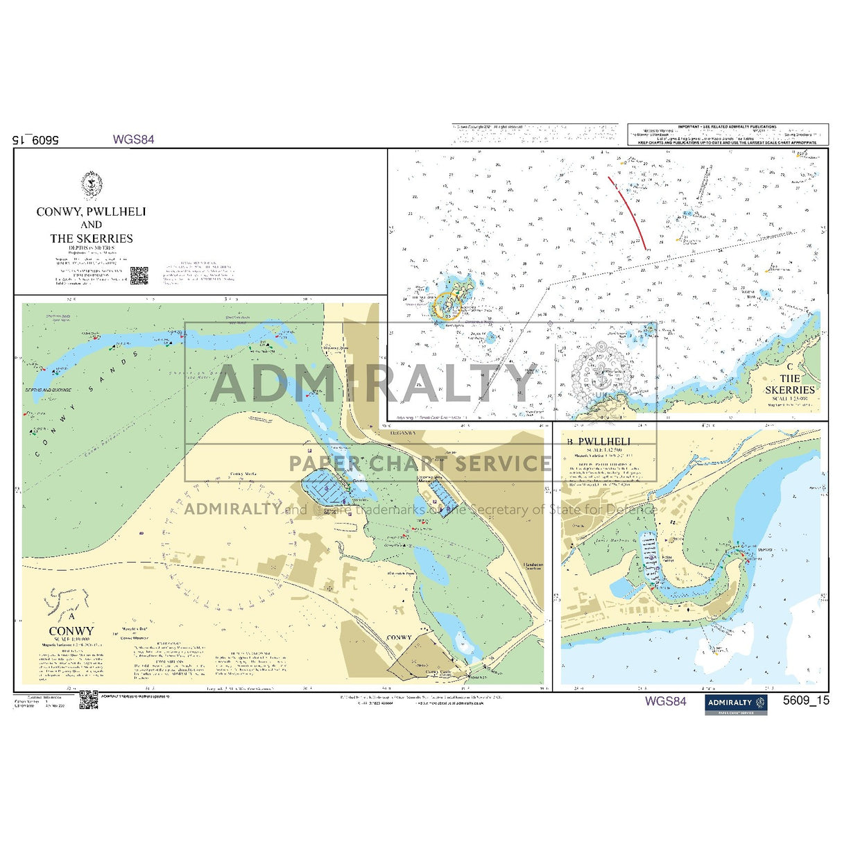 Nautical chart 5609_15 Conwy, Pwllheli and The Skerries on the North Wales coast with 3 panels