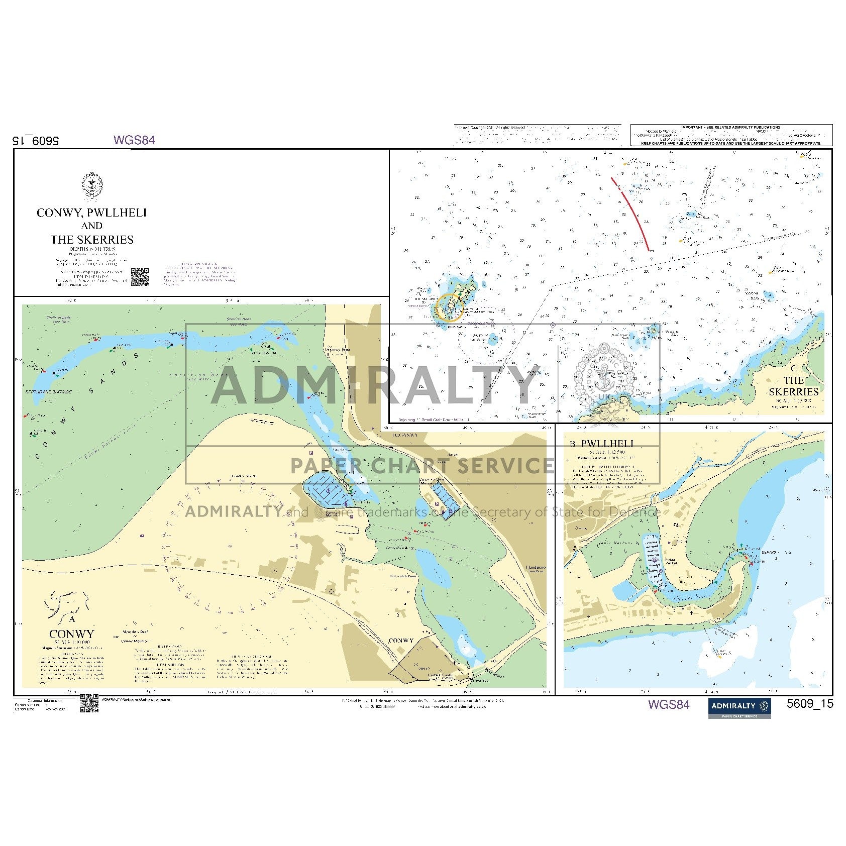 Nautical chart 5609_15 Conwy, Pwllheli and The Skerries on the North Wales coast with 3 panels