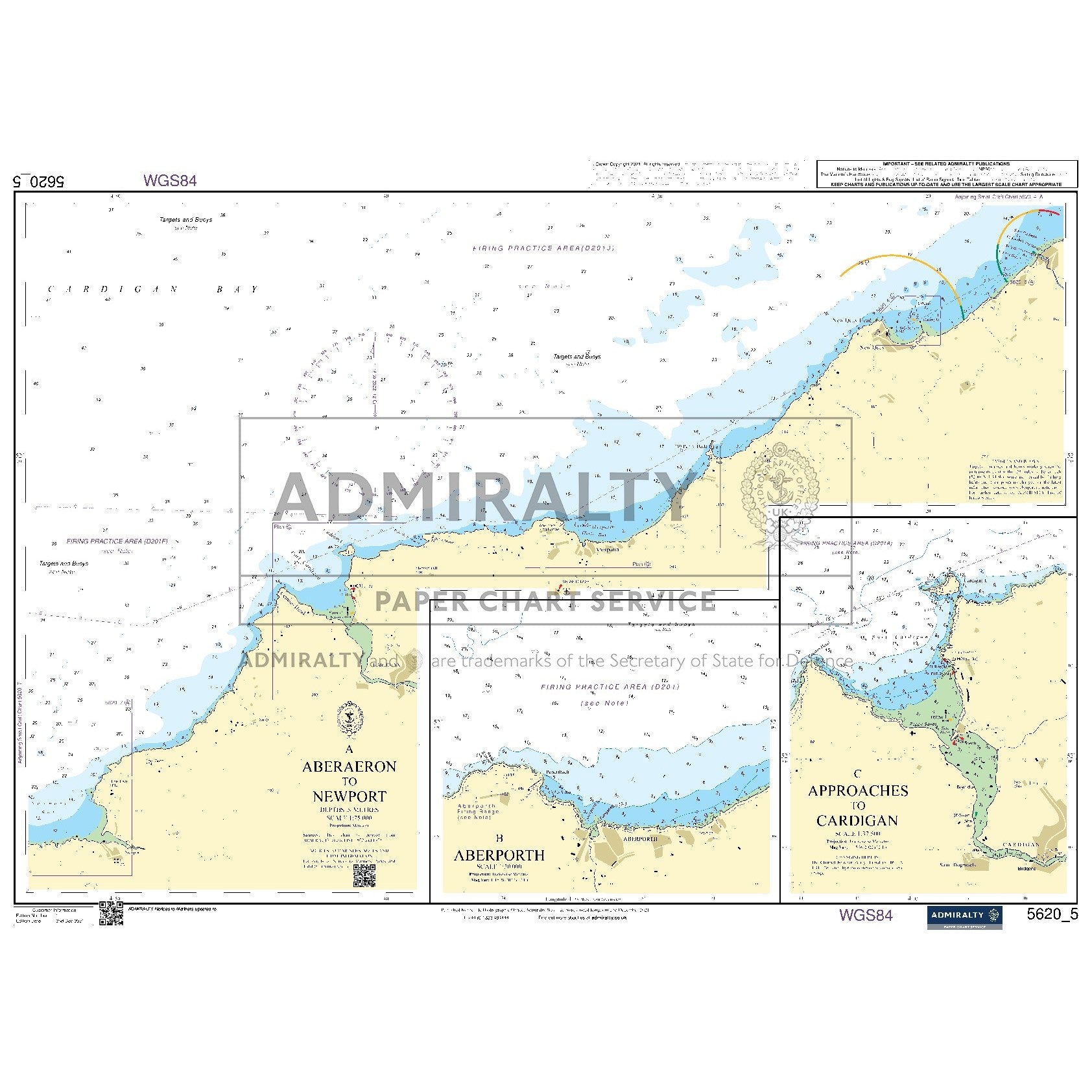 Nautical chart 5620_5 Aberaeron to Newport on the Welsh coast with 3 panels
