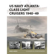 Osprey’s "US Navy Atlanta-class Light Cruisers 1940–49" book cover shows an illustrated Atlanta-class cruiser in the Pacific War, with three smaller historical black-and-white ship photos below.