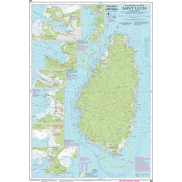 Introducing the Imray Chart B1 | St Lucia by Imray—a comprehensive nautical chart of Saint Lucia. It features the main island, surrounding waters, navigation routes, depths, and other essential maritime information. Insets provide detailed views of specific areas such as Rodney Bay, Castries Harbour, Vieux Fort Bay, and Marigot Bay. This chart is perfect for users of Imray-Iolaire charts and those following the Cruising Sailor's Guide to Caribbean navigation.