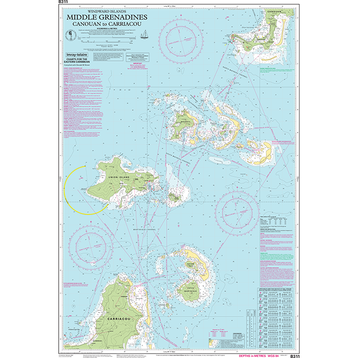 Imray Chart B311: Middle Grenadines by Imray details islands, water depths, and navigation routes from Canouan to Carriacou, with labeled locations and maritime symbols—ideal for marine navigation.