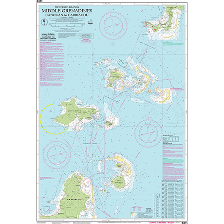 Imray Chart B311: Middle Grenadines by Imray details islands, water depths, and navigation routes from Canouan to Carriacou, with labeled locations and maritime symbols—ideal for marine navigation.