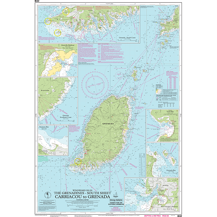 The Imray Chart B32, Carriacou to Grenada, is a detailed nautical chart ideal for Caribbean navigation, displaying the waters and coastlines between Carriacou and Grenada. It includes depth markings, navigational aids, and insets of specific areas. Key features include Grenada island in the center, with Carriacou to the north and various smaller islands.