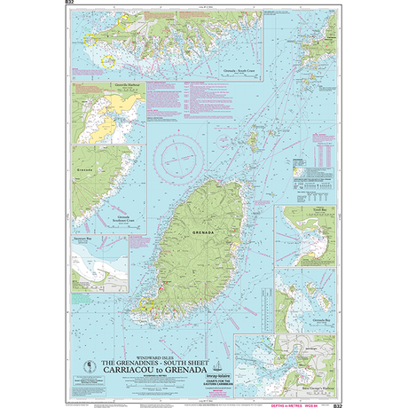 The Imray Chart B32, Carriacou to Grenada, is a detailed nautical chart ideal for Caribbean navigation, displaying the waters and coastlines between Carriacou and Grenada. It includes depth markings, navigational aids, and insets of specific areas. Key features include Grenada island in the center, with Carriacou to the north and various smaller islands.