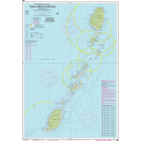 The Imray Chart B3 | The Grenadines by Imray is a nautical chart depicting the islands and surrounding waters of The Grenadines. It includes key locations such as Bequia, Mustique, Canouan, Mayreau, Union Island, and several smaller islands. This sailing guide features navigational markers, depth indicators, and compass roses for seamless Caribbean navigation.