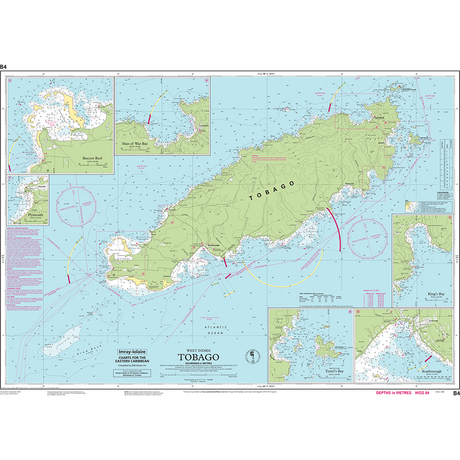 Imray Chart B4: Tobago by Imray, for GPS navigation. Features detailed coastline, depth contours, navigation markers, insets of Scarborough and Man-o-War Bay, plus a clear map legend.