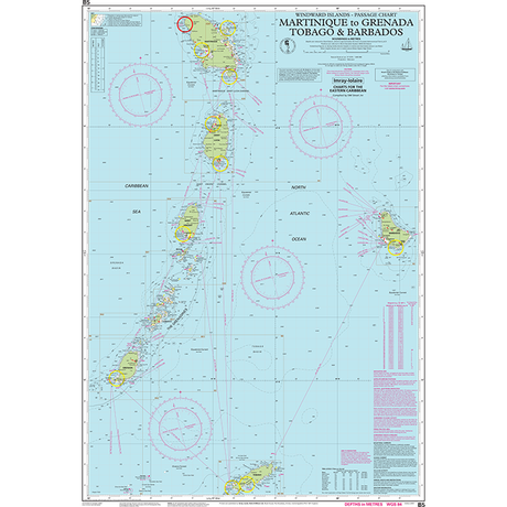 Imray Chart B5, "Martinique to Tobago and Barbados Passage Chart," by Imray, offers detailed marine routes, depths, and navigation aids for Martinique, St. Lucia, St. Vincent, Grenada, Tobago, and Barbados. This essential Caribbean navigation tool includes compass roses and warnings for mariners.