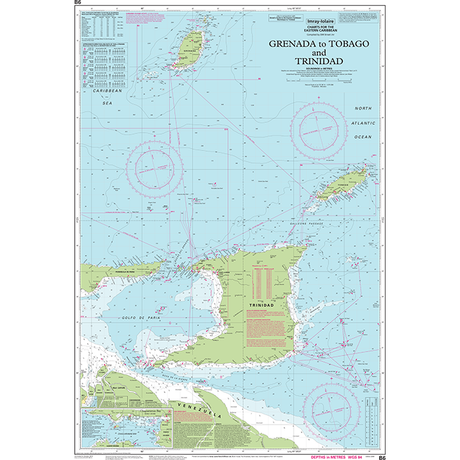 Imray Chart B6 | Grenada to Tobago and Trinidad by Imray is a nautical chart that showcases islands, marine routes, depth soundings, navigational hazards, and maritime information. It includes detailed coverage of the southeastern Caribbean Sea and the northern coastline of Venezuela. This chart is an essential addition to any cruising sailor's navigation guide collection.