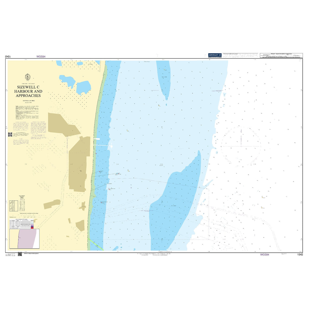 Product image of Admiralty Chart 1542 | Sizewell C Harbour and Approaches, featuring navigational markings, depth soundings, and coastal features, essential for safe marine navigation. It could be displayed as an art piece or used for navigation on a boat or ship.