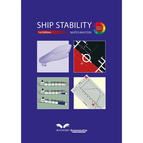 The cover of "Ship Stability Mates/Masters" by Witherby Seamanship features ship structures and stability calculations crucial for Chief Mate/Master certification, with IMO-compliant data, colorful indicators, and the brand logo on a blue background.
