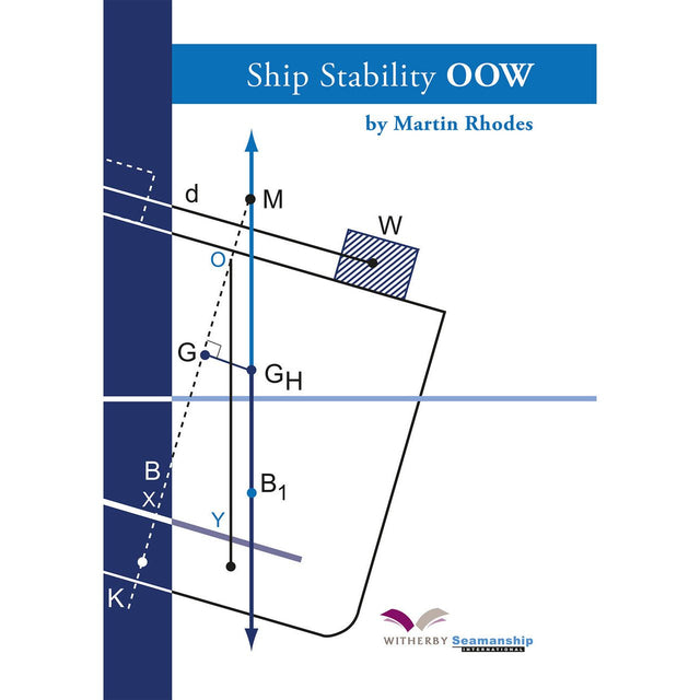 Cover of "Ship Stability OOW" by Martin Rhodes, an essential resource for exam preparation. This guide includes a diagram detailing ship stability concepts, with labeled points and lines on a ship's cross-section. Designed for those pursuing officer of the watch certification, it features the Witherby Seamanship logo at the bottom.