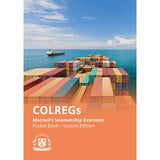 Cover of "COLREGs Macneil's Seamanship Examiner Pocket Book" by Witherby Seamanship. A cargo ship sails across the ocean beneath clear blue skies, with stacked shipping containers in view, symbolizing the crucial Collision Regulations vital for seafarers.