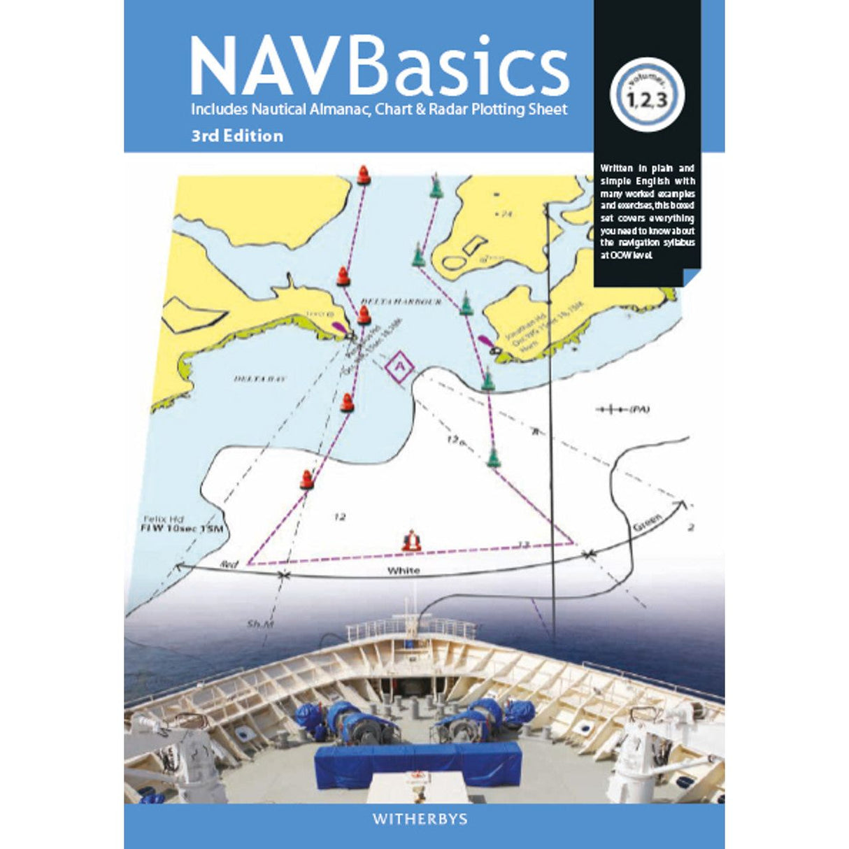 The cover of Witherby Seamanship's "NAVBasics" 3rd Edition, ideal for junior officers, features a route map, compass, and ship's deck. It includes a nautical almanac, chart, and radar plotting sheet with simple English instructions for essential navigation skills.