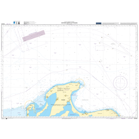 Admiralty Chart DE162: Waters North of Rügen by Admiralty details Germany’s northern coastlines, depth markings, navigation aids, and restricted areas. Features Rügen highlighted in yellow.