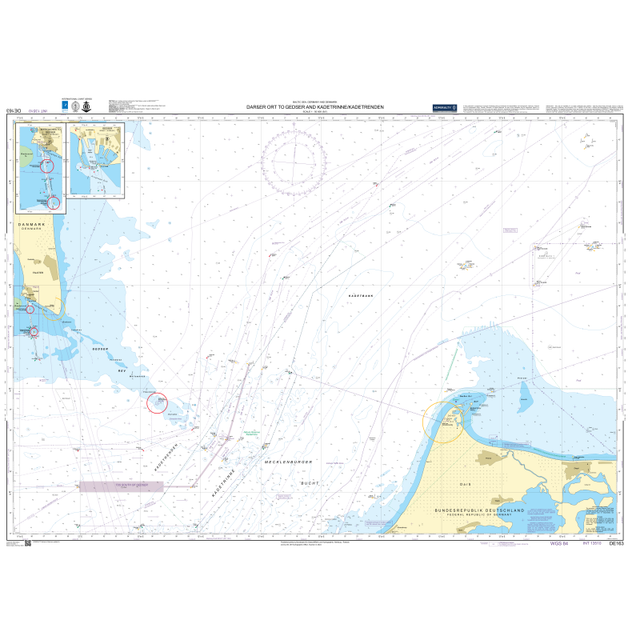 Admiralty Chart DE163 by Admiralty depicts Darsser Ort to Gedser and Kadetrinne/Kadetrenden, featuring coastal details, maritime routes, depths, navigational symbols, and port insets—an official nautical chart by the UK Hydrographic Office.