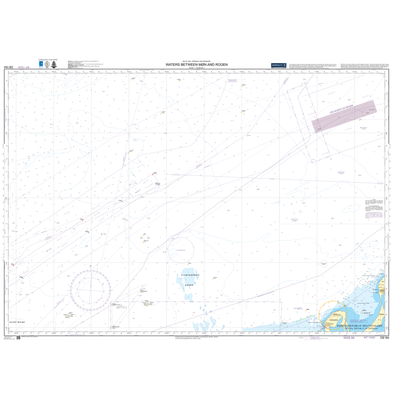Admiralty Chart DE164: Waters between Mon and Rugen, by Admiralty, details navigation routes, depth markings, buoys, and coastal features in the area near Mon and Rugen.