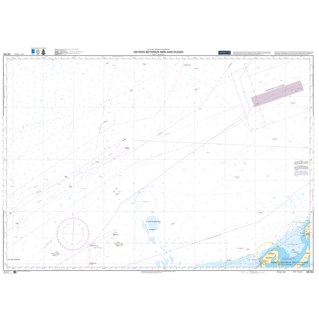 Admiralty Chart DE164: Waters between Mon and Rugen, by Admiralty, details navigation routes, depth markings, buoys, and coastal features in the area near Mon and Rugen.