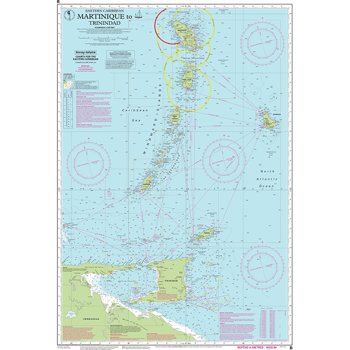 The Imray Chart B | Martinique to Trinidad Passage Chart by Imray is a nautical chart covering the Eastern Caribbean, from Martinique to Trinidad, including smaller islands. It highlights major routes and sea depths on light blue waters. Islands and coastal features are labeled, with insets for detailed navigation around Martinique, St. Lucia, and Trinidad areas.