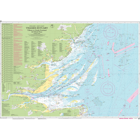 Imray Chart C1: Thames Estuary by Imray details water depths, navigation routes, coastal landmarks, place names, and aids from Tilbury and North Foreland to Orford Ness.