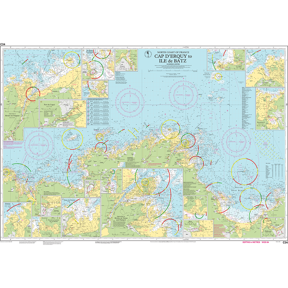 Imray Chart C34: Cap d'Erquy to Ile de Batz by Imray uses SHOM data to depict coastal features, depths, routes, landmarks, and inset maps—perfect for cruising the north coast of France and Northwest Europe.