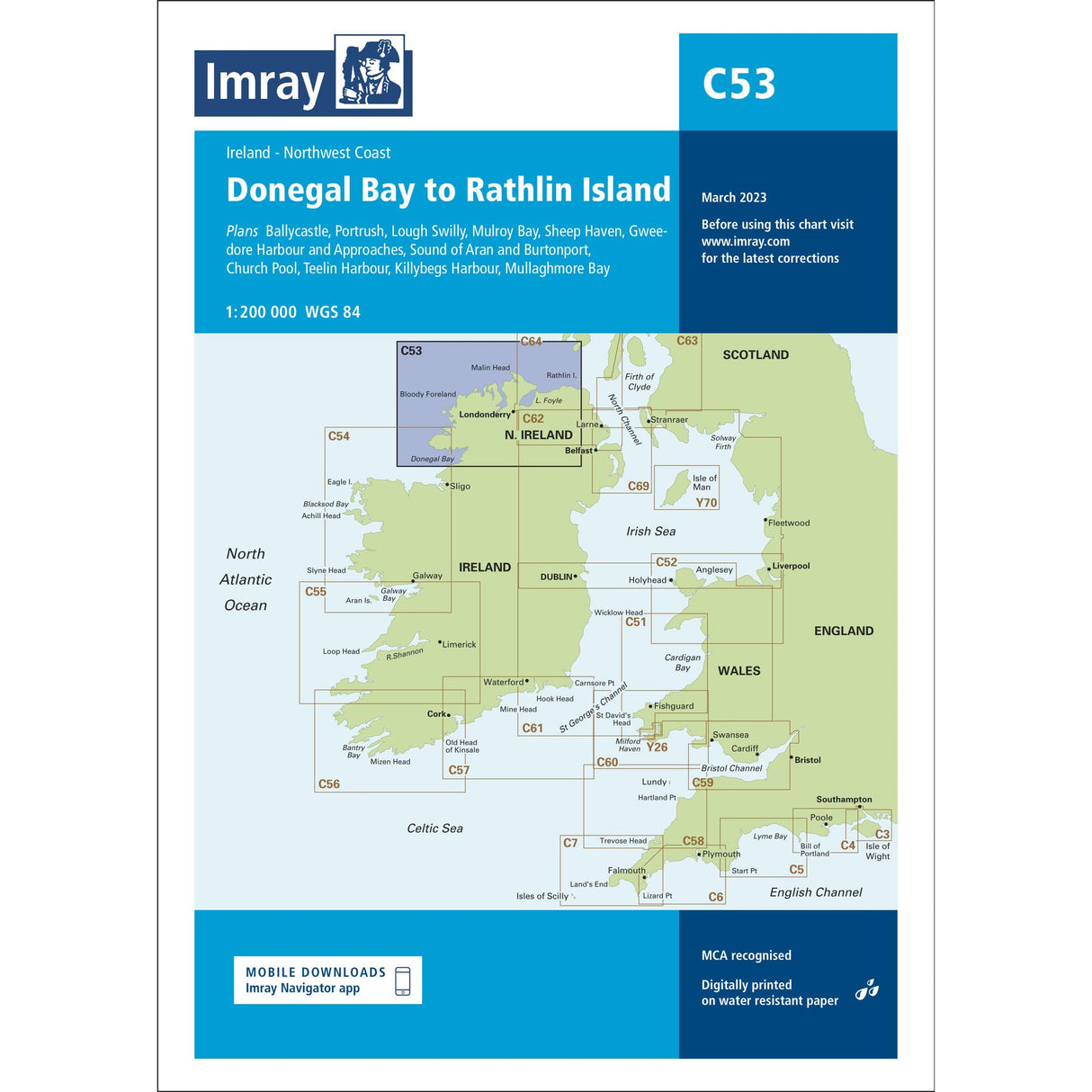 Imray Chart C53: Donegal Bay to Rathlin Island covers Ireland’s northwest coast, detailing key ports, bays, and chart limits. Ideal for cruising charts Ireland. Brand: Imray. Published March 2023.