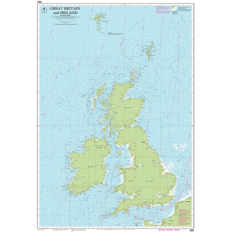 Imray Chart C80: Great Britain and Ireland by Imray details coastlines, islands, seas, navigational marks, depths, coordinates, major cities, and regions—ideal for planning a round-Britain circumnavigation.