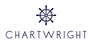 Logo of "Chartwright" featuring the name in uppercase letters below a nautical ship’s wheel icon. The design is in a dark blue color on a white background.