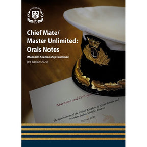 A white naval officer’s hat rests on a certificate beside "Chief Mate/Master Unlimited: Orals Notes" by Witherby Seamanship, a trusted Chief Mate study guide with gold-trimmed crest, symbolizing certification and maritime competency.