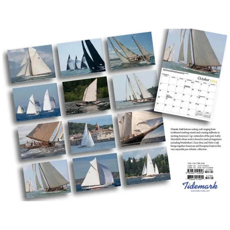 Classic sailing imagery and nautical photography by Kathy Mansfield come to life in the Classic Sail 2025 Calendar. The page for October 2024 showcases wooden vessels under sails, emphasizing stunning nautical themes. The "Kathy Mansfield Photos" brand logo is prominently displayed at the bottom right.