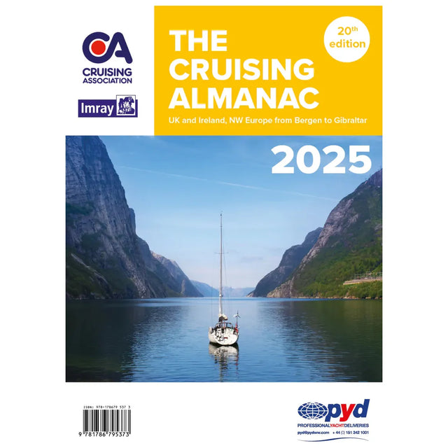 Cover of the 20th edition of "The Cruising Almanac 2025" by Imray, featuring a sailboat set against a serene fjord in Northwest Europe with steep cliffs. Perfect for passage planning enthusiasts, it includes logos for the Cruising Association, Imray, and Professional Yachtsmen.