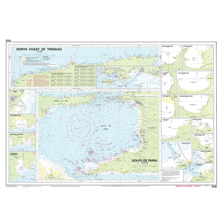 Imray Chart D10: North Coast of Trinidad and Golfo de Paria by Imray includes hydrographic charts with coastal details, depth contours, navigation markers, and harbor insets. Labels are in English and Spanish.