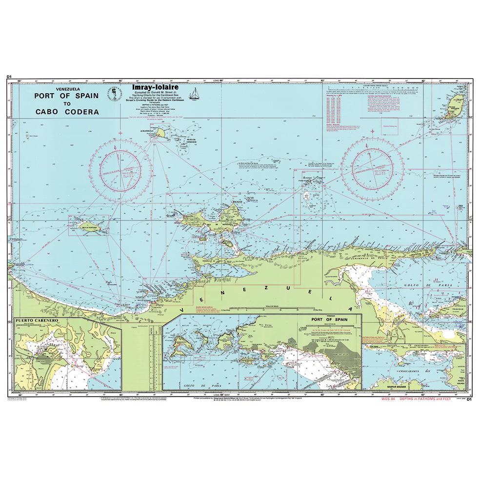Imray Chart D1: Port of Spain to Cabo Codera by Imray details the maritime area and coastal features between Trinidad and Venezuela, with navigation routes, depth markings, and geographic labels for Eastern Caribbean navigation.