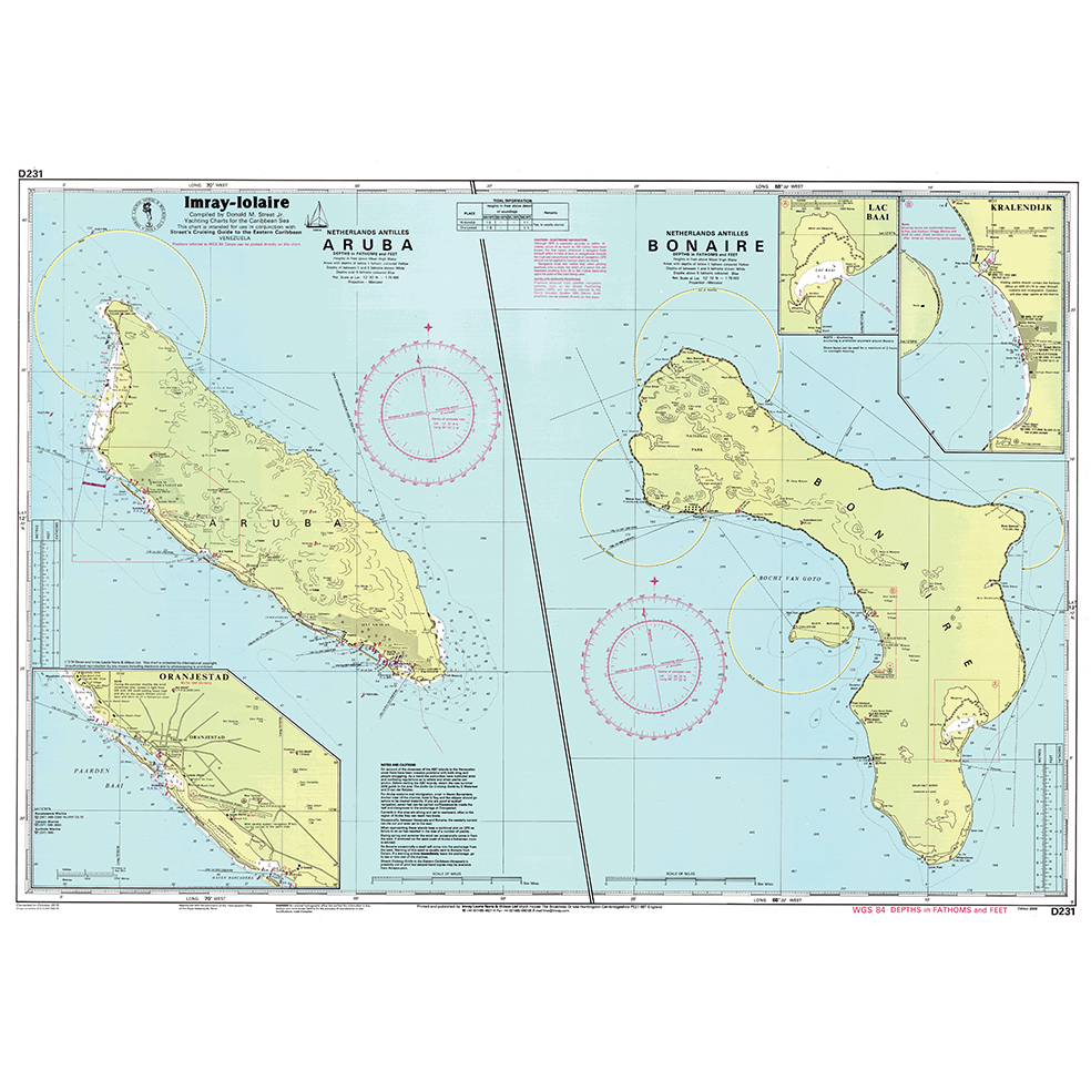 Imray Chart D231: Bonaire and Aruba provides detailed nautical maps of Bonaire, Aruba, and Klein Bonaire with coastal markers, depth info, and navigation details in English and Dutch by Imray.