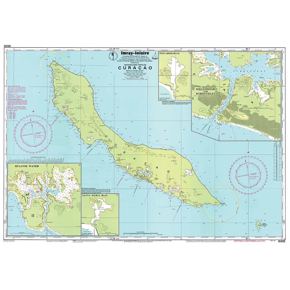Imray Chart D232: Curaçao by Imray displays the island’s outline, water depths, navigational aids, and insets of Spanish Water, Santa Martha Bay, and Willemstad. Features compass roses, maritime info, and GPS compatibility.