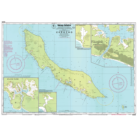 Imray Chart D232: Curaçao by Imray displays the island’s outline, water depths, navigational aids, and insets of Spanish Water, Santa Martha Bay, and Willemstad. Features compass roses, maritime info, and GPS compatibility.