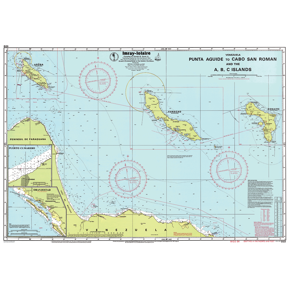 Imray Chart D23: Punta Aguide to Cabo San Roman and the A, B, C Islands by Imray—GPS compatible nautical chart covering Aruba, Bonaire, Curaçao & the Venezuelan coast with navigation routes, depths & key sites like Oranjestad and Península de Paraguaná.