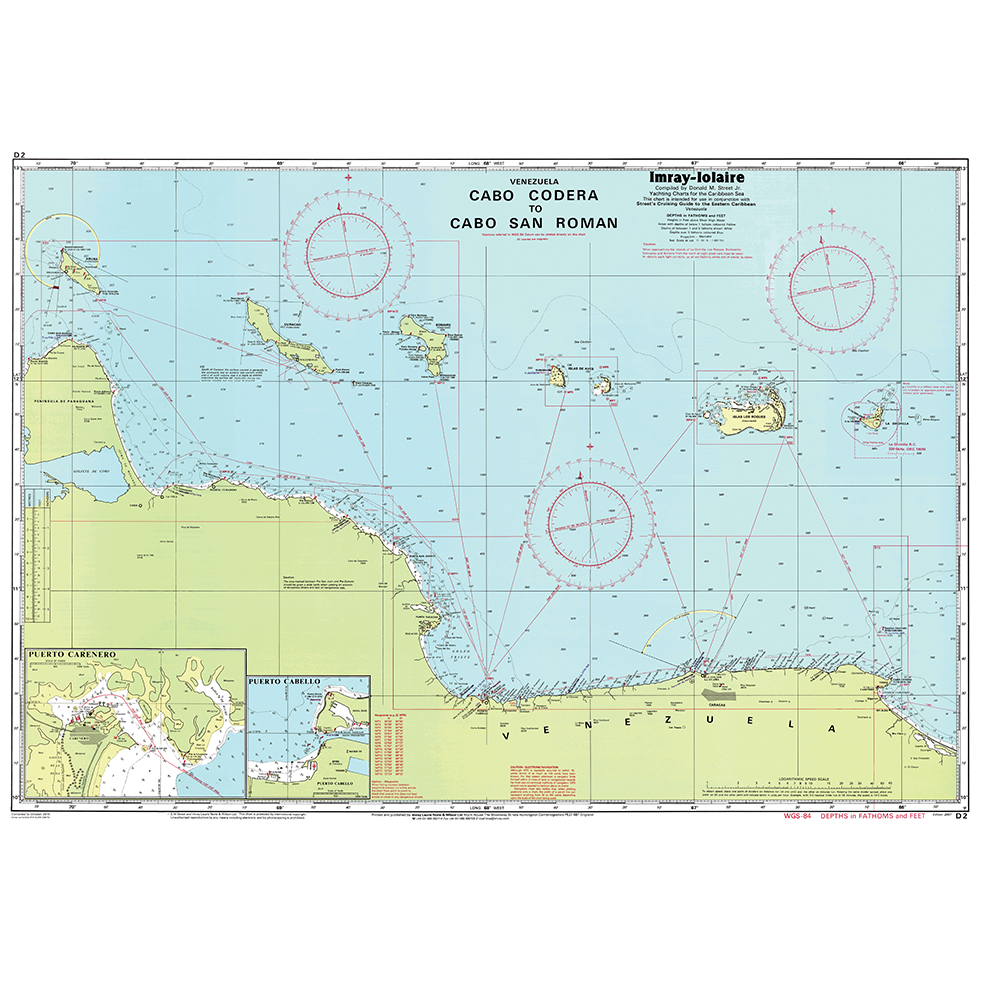 Imray Chart D2: Cabo Cadera to Cabo San Roman by Imray displays the northern Venezuelan coast, navigation routes, depths, islands, harbors, compass roses, and detailed coastal features typical of Caribbean charts.