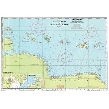 Imray Chart D2: Cabo Cadera to Cabo San Roman by Imray displays the northern Venezuelan coast, navigation routes, depths, islands, harbors, compass roses, and detailed coastal features typical of Caribbean charts.
