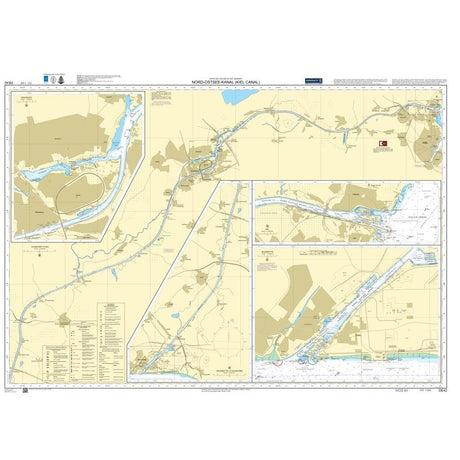 Admiralty Chart DE42: Nord-Ostsee-Kanal (Kiel Canal) by Admiralty shows the canal’s route, adjacent land, key port insets, navigation symbols, and depth details based on United Kingdom Hydrographic Office data.