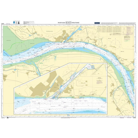 Admiralty Chart DE46: River Elbe, Belum to Krautsand from Admiralty details navigation routes, water depths, landmarks, and land areas with clear labels and color markings for safe maritime navigation.
