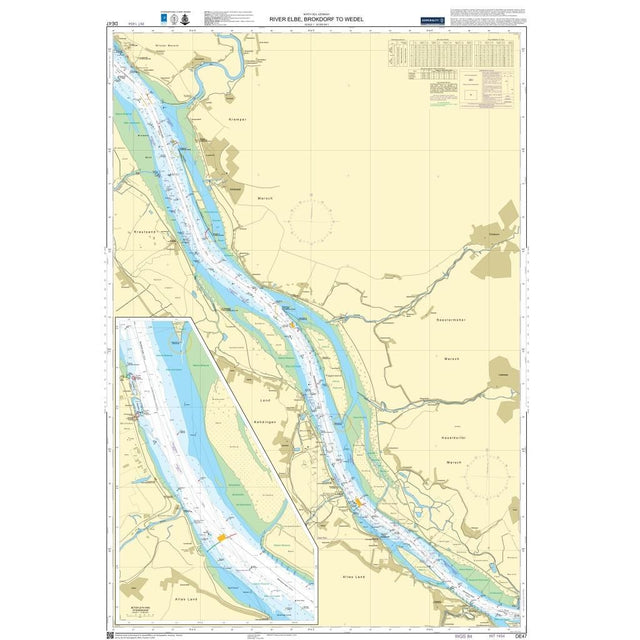 Admiralty Chart DE47: River Elbe, Brokdorf to Wedel—detailed river route, navigation markers, depth contours, and adjacent land. Includes insets of key areas. Produced by Admiralty to UK Hydrographic Office standards.