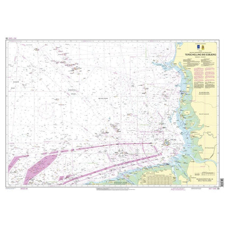 Admiralty Chart DE50: Terschelling to Esbjerg by Admiralty details coastal waters, seabed features, shipping lanes, depth markings, navigation symbols, and maritime data between Terschelling and Esbjerg.