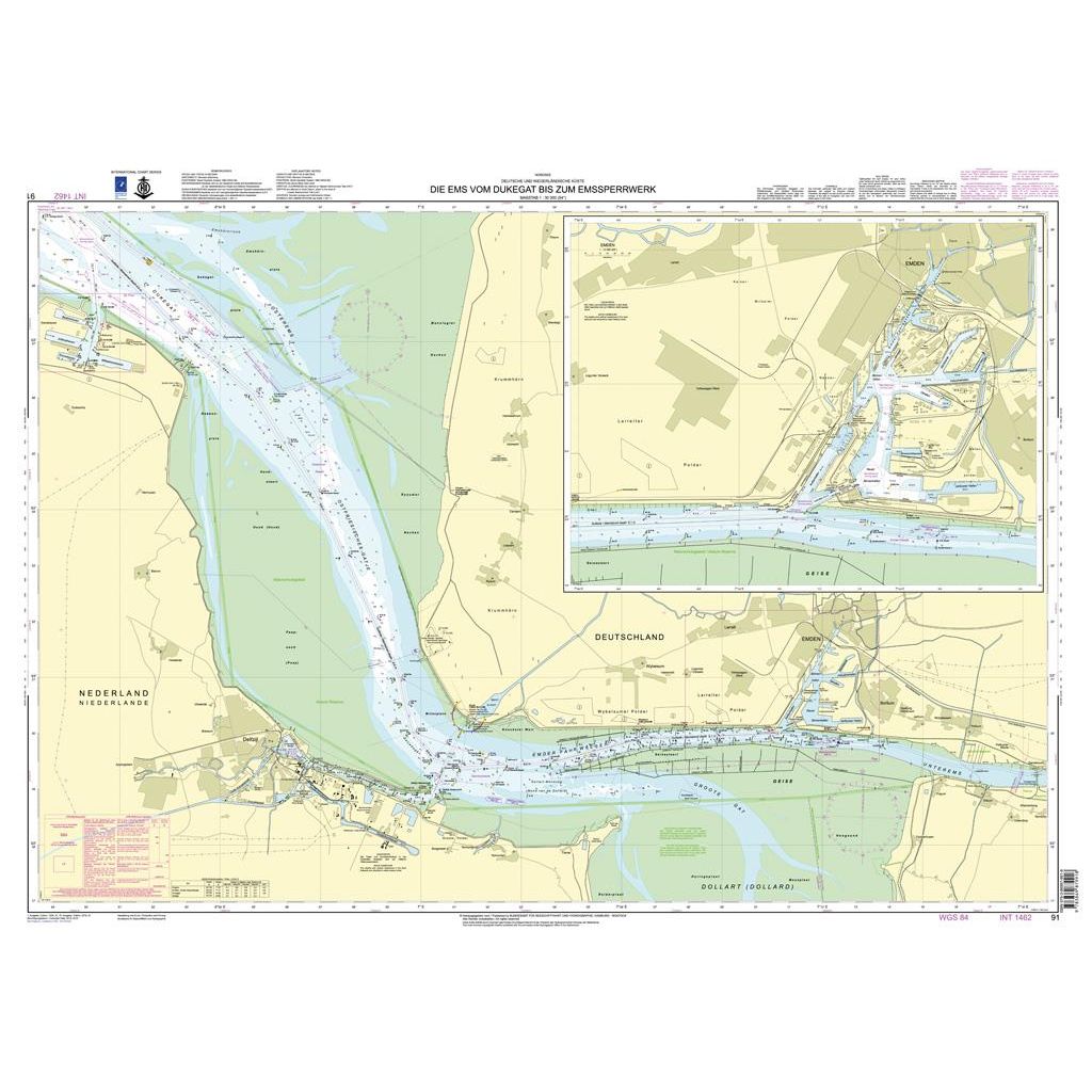 Admiralty Chart DE91 by Admiralty shows the River Ems from Dukegat to Emssperrwerk on the Netherlands-Germany border, featuring navigation routes, depths, land details, and an inset port map. Produced by the UK Hydrographic Office.