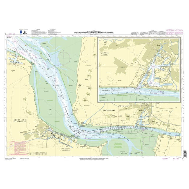 Admiralty Chart DE91 by Admiralty shows the River Ems from Dukegat to Emssperrwerk on the Netherlands-Germany border, featuring navigation routes, depths, land details, and an inset port map. Produced by the UK Hydrographic Office.