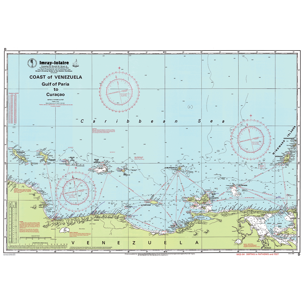 Imray Chart D: Venezuela by Imray—nautical chart covering the coast from Gulf of Paria to Curaçao. Features navigational routes, depth markings, and compass roses; GPS compatible for safe Caribbean sailing.