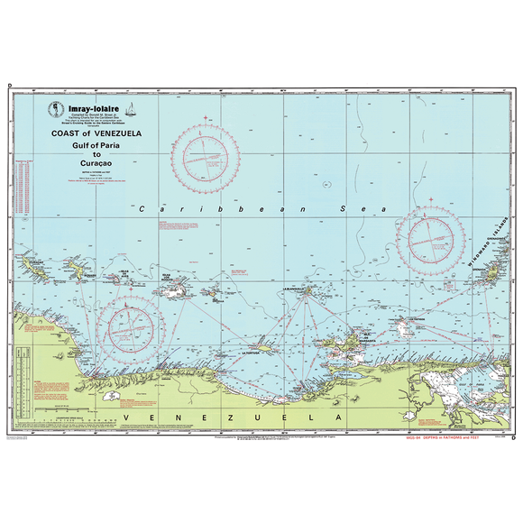 The Imray Chart D | Venezuela, an essential navigational resource from Imray, depicts the coast of Venezuela from the Gulf of Paria to Curaçao. It features marked compass roses, navigation routes, coastal lines, islands, depth markings, and coordinates within the Caribbean Sea.