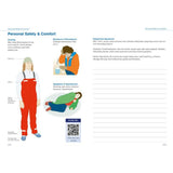 A guide to personal safety and comfort in cold weather tailored for sailors, "RYA Day Skipper Shorebased Notes" by the Royal Yachting Association, features a diagram of a person dressed in warm clothing, symptoms of hypothermia and seasickness, dehydration signs, and a QR code for the RYA Day Skipper app. There's also a lined section for notes on the right.